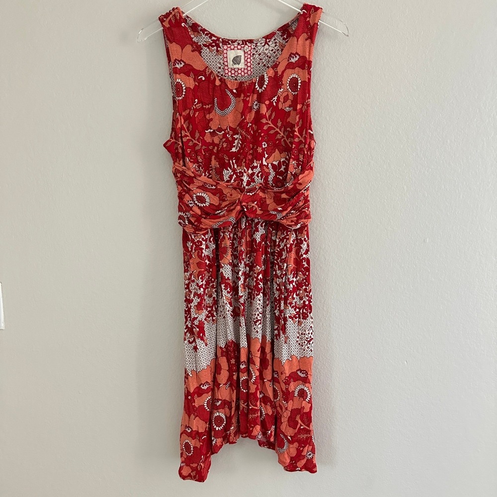 Lilka Sleeveless Dress Women Large Red Orange Floral Boho Ruched Waist Hem